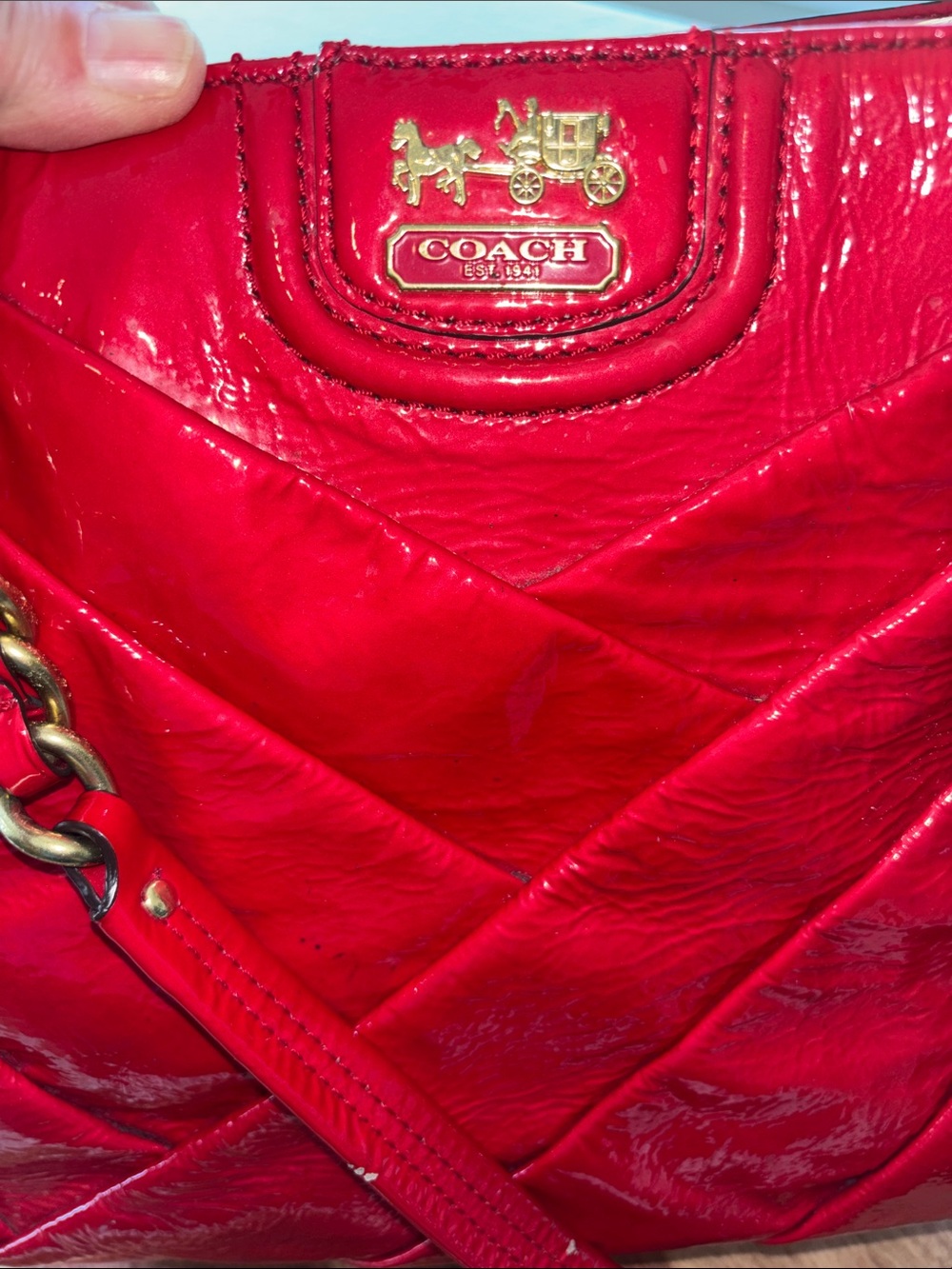 Coach‎ Madison Diagonal Pleated Patent Leather handbag in red - Picture 10 of 15